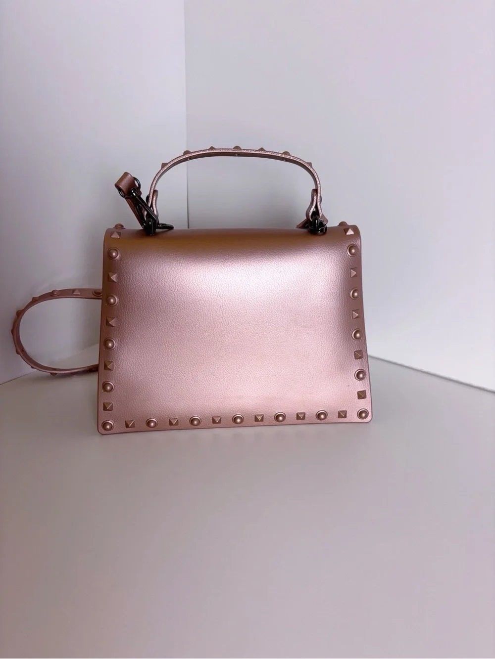 Studded Metallic Rose Rivet Crossbody Top Handel Faux Leather Unlined Handbag
